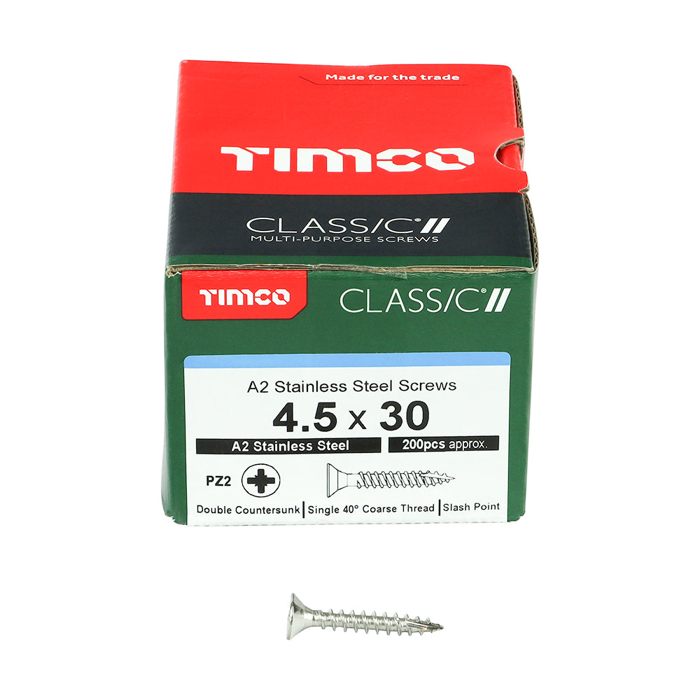 This is an image of Timco - Classic Multi-Purpose Screws - PZ - Double Countersunk - A2 Stainless Steel 4.5 x 30mm - (200 PCS Box) 45030CLASS
