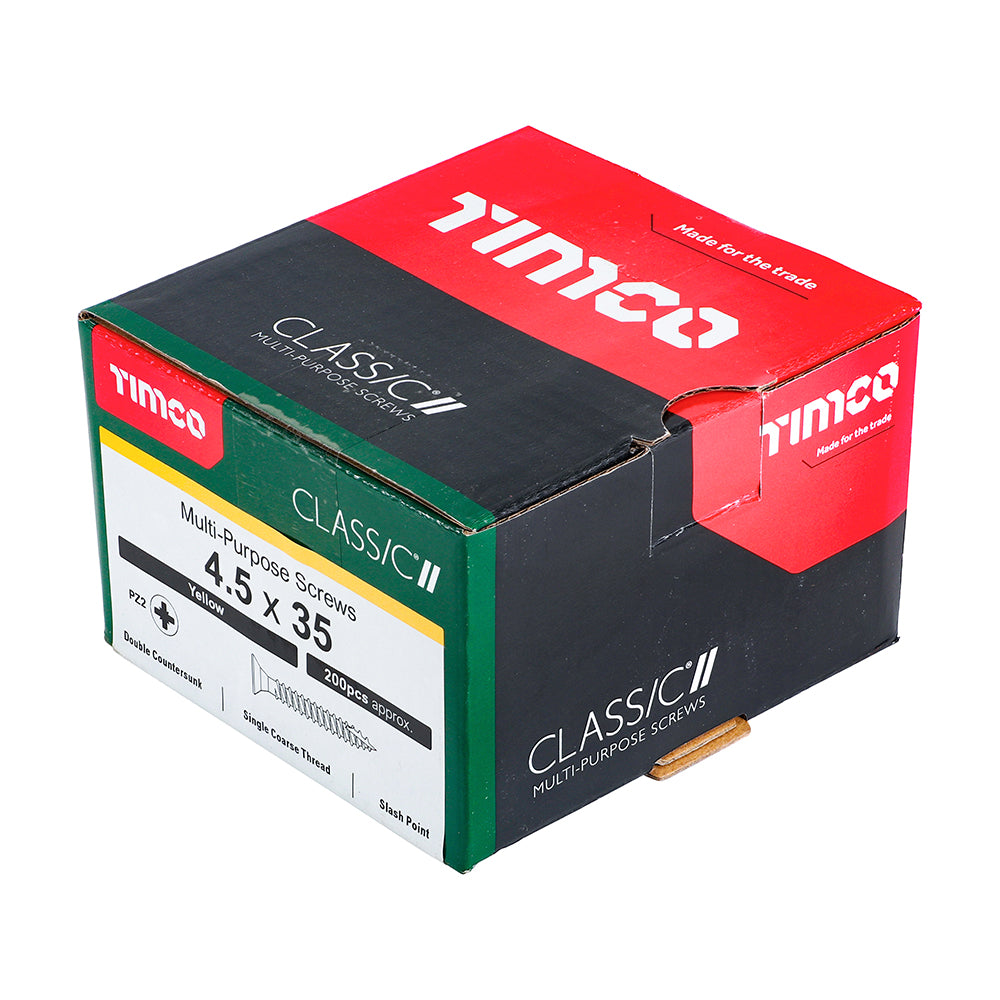 This is an image of Timco - Classic Multi-Purpose Screws - PZ - Double Countersunk - Yellow 4.5 x 35mm - (200 PCS Box) 45035CLAF