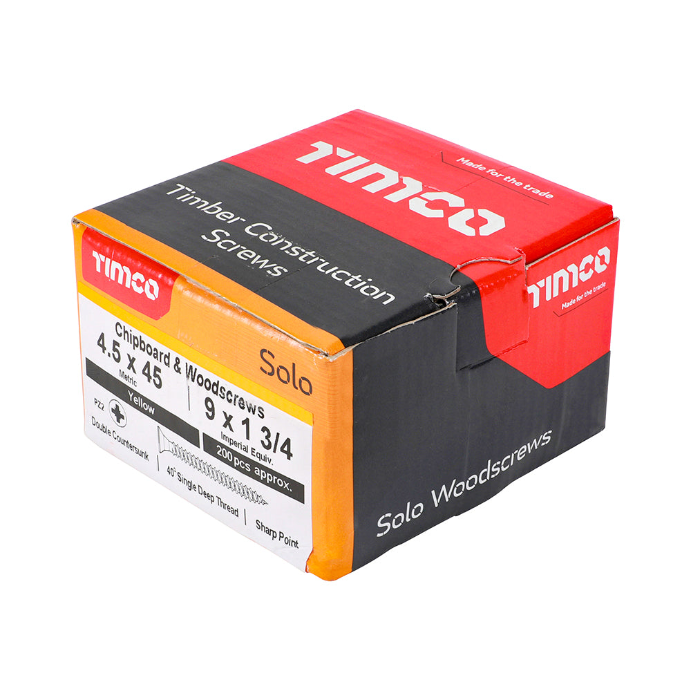 This is an image of Timco - Solo Chipboard & Woodscrews - PZ - Double Countersunk - Yellow 4.5 x 45mm - (200 PCS Box) 45045SOLOC