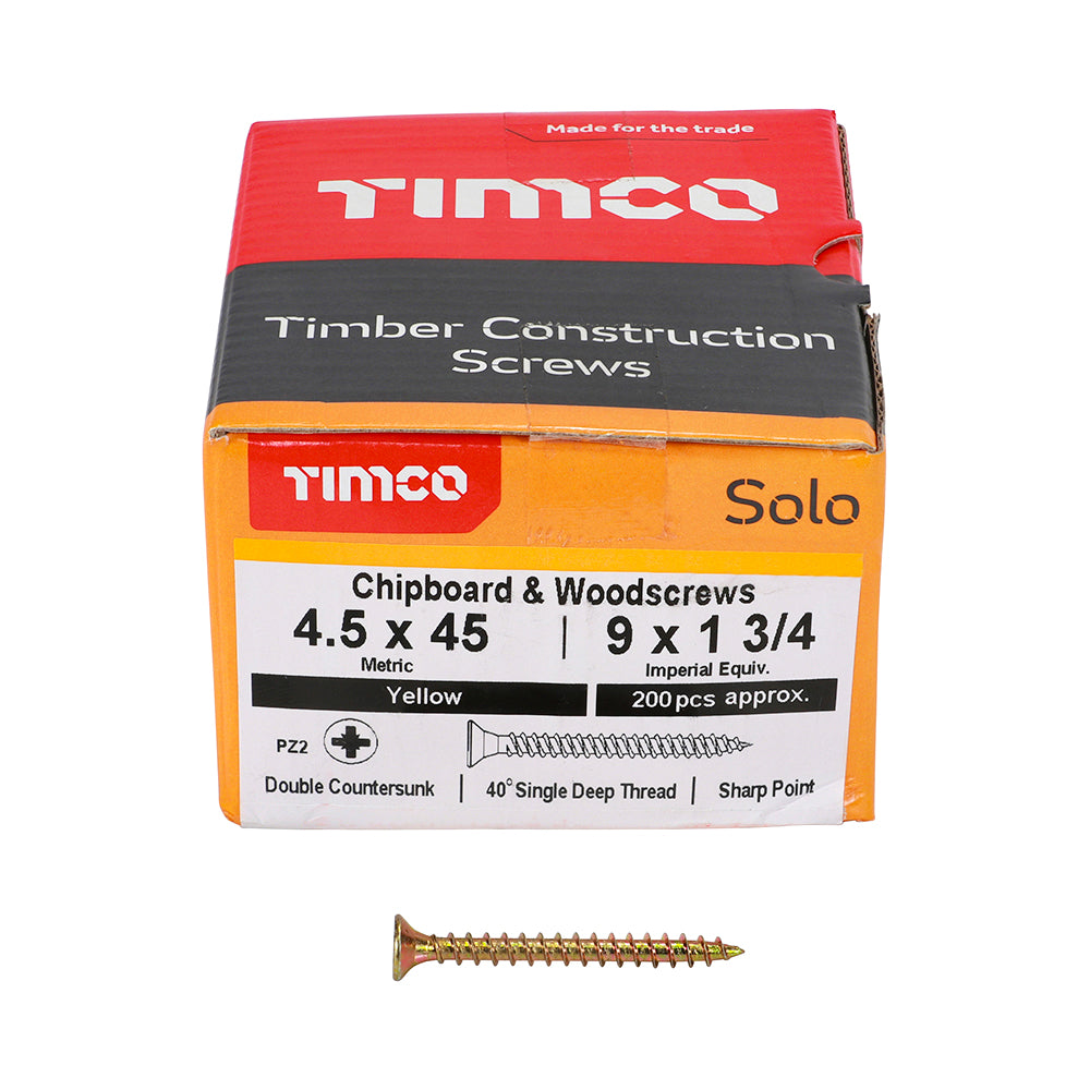 This is an image of Timco - Solo Chipboard & Woodscrews - PZ - Double Countersunk - Yellow 4.5 x 45mm - (200 PCS Box) 45045SOLOC