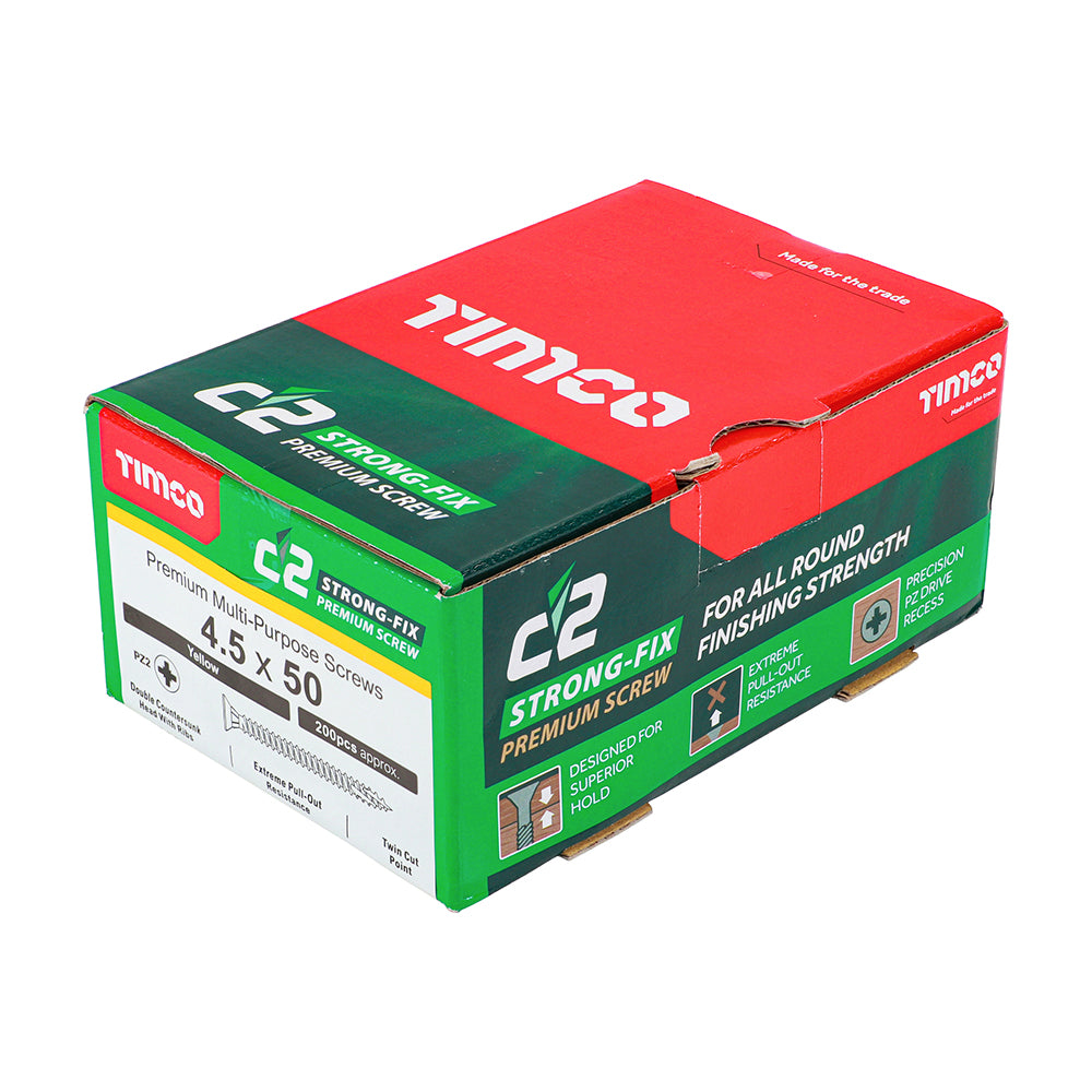 This is an image of Timco - C2 Strong-Fix Screws - PZ - Double Countersunk - Twin-Cut - Yellow 4.5 x 50mm - (200 PCS Box) 45050C2