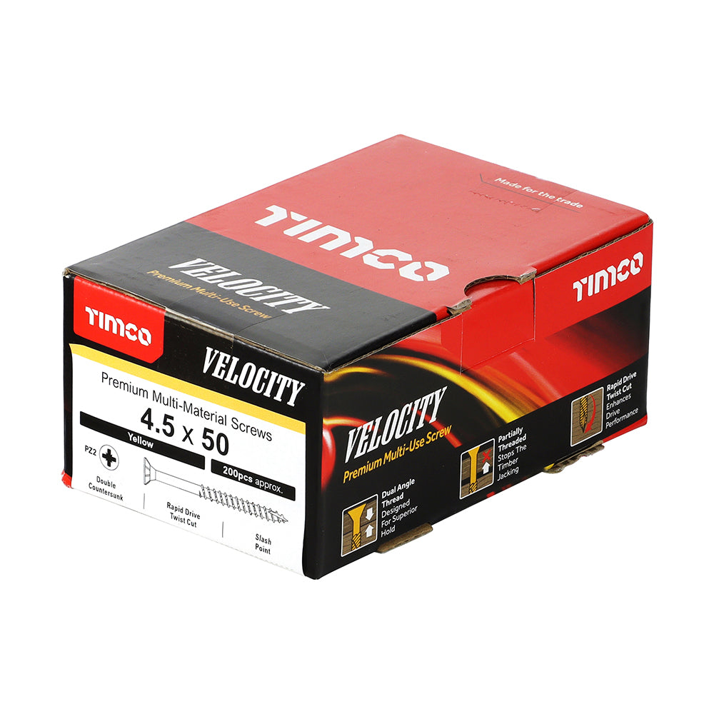 This is an image of Timco - Velocity Premium Multi-Use Screws - PZ - Double Countersunk - Yellow 4.5 x 50mm - (200 PCS Box) 45050VY