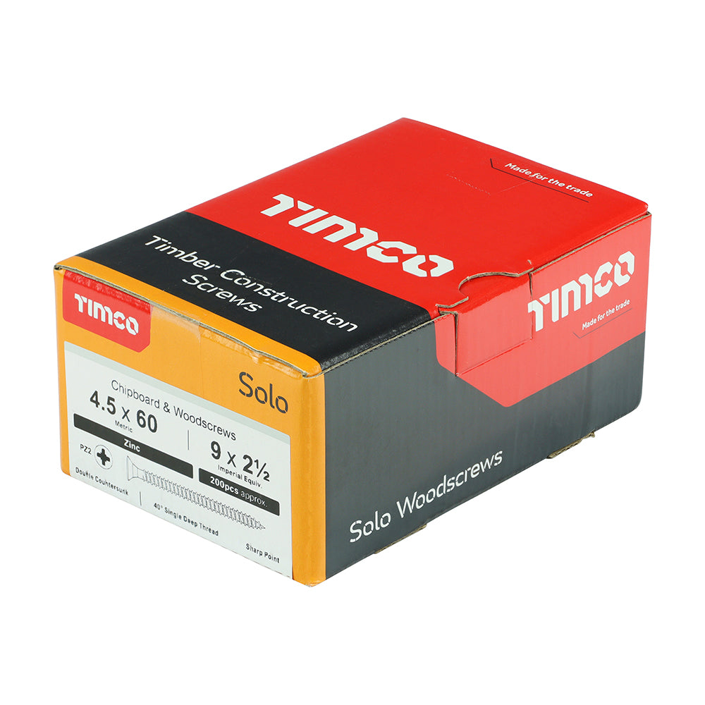 This is an image of Timco - Solo Chipboard & Woodscrews - PZ - Double Countersunk - Zinc 4.5 x 60mm - (200 PCS Box) 45060SOLOZ