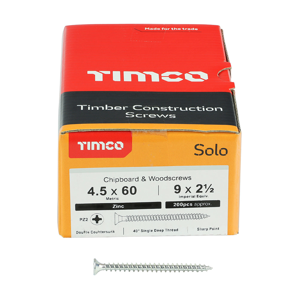This is an image of Timco - Solo Chipboard & Woodscrews - PZ - Double Countersunk - Zinc 4.5 x 60mm - (200 PCS Box) 45060SOLOZ