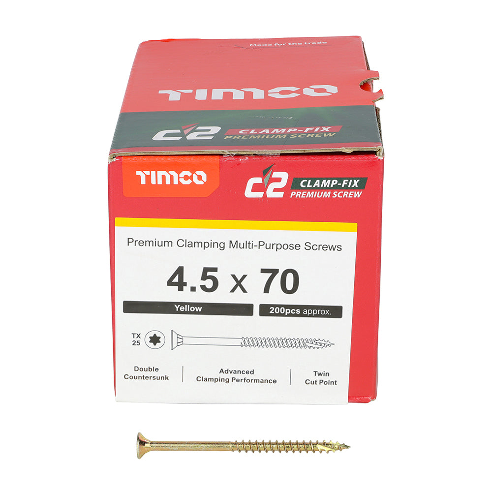 This is an image of Timco - C2 Clamp-Fix Screws - TX - Double Countersunk with Ribs - Twin-Cut - Yellow 4.5 x 70mm - (200 PCS Box) 45070C2C