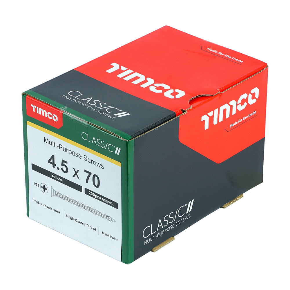 This is an image of Timco - Classic Multi-Purpose Screws - PZ - Double Countersunk - Yellow 4.5 x 70mm - (200 PCS Box) 45070CLAF