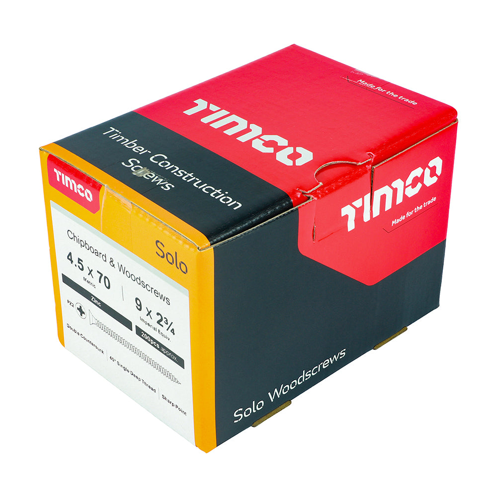 This is an image of Timco - Solo Chipboard & Woodscrews - PZ - Double Countersunk - Zinc 4.5 x 70mm - (200 PCS Box) 45070SOLOZ