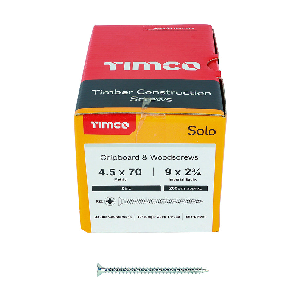 This is an image of Timco - Solo Chipboard & Woodscrews - PZ - Double Countersunk - Zinc 4.5 x 70mm - (200 PCS Box) 45070SOLOZ