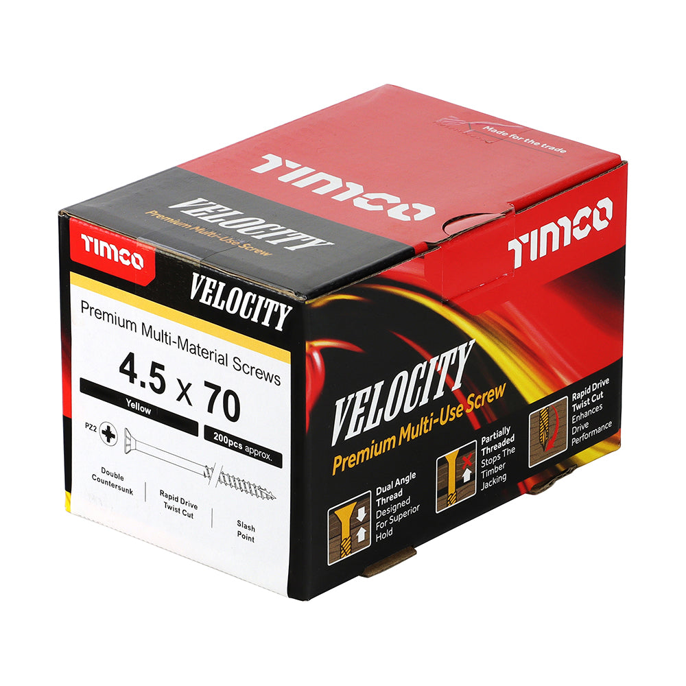 This is an image of Timco - Velocity Premium Multi-Use Screws - PZ - Double Countersunk - Yellow 4.5 x 70mm - (200 PCS Box) 45070VY