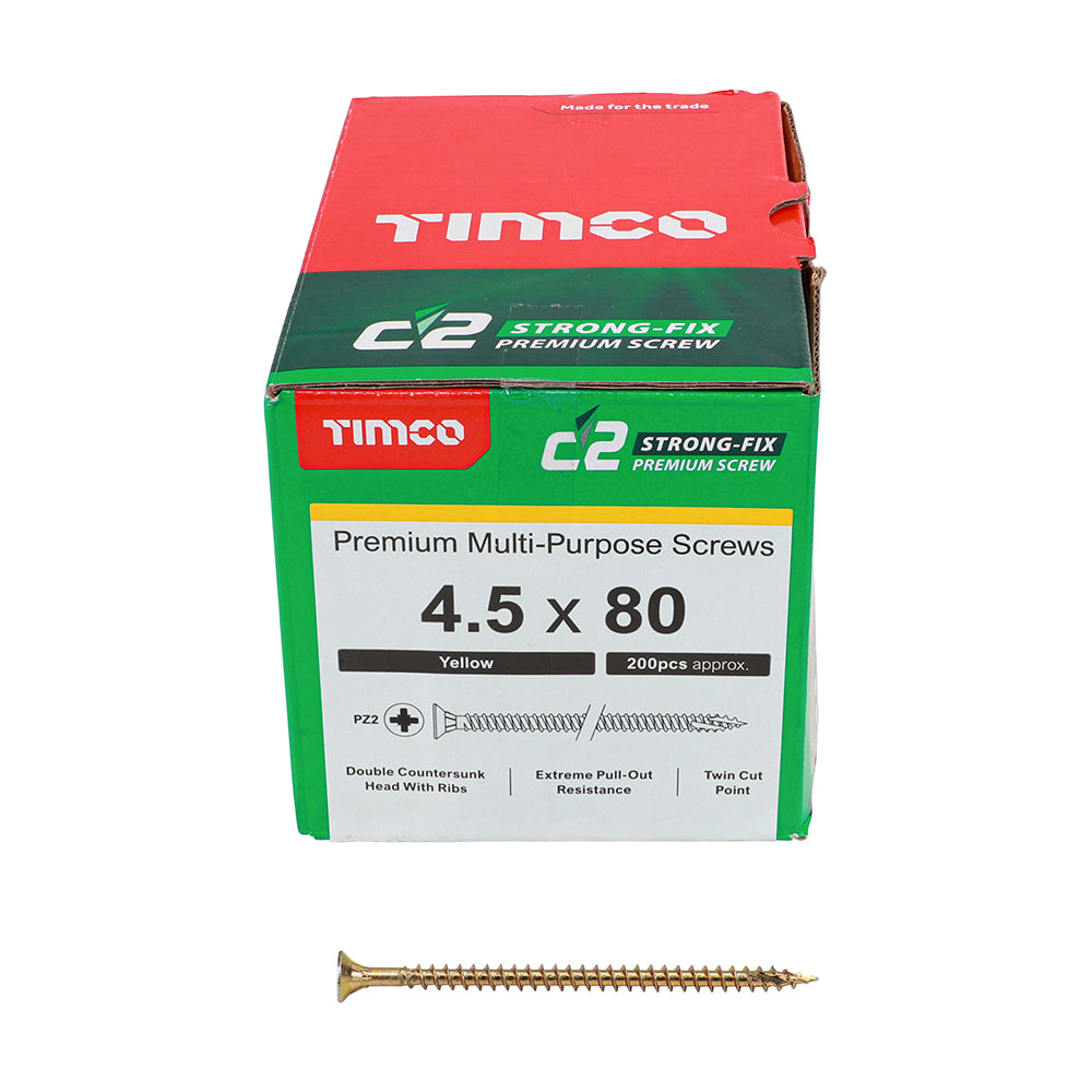 This is an image of Timco - C2 Strong-Fix Screws - PZ - Double Countersunk - Twin-Cut - Yellow 4.5 x 80mm - (200 PCS Box) 45080C2