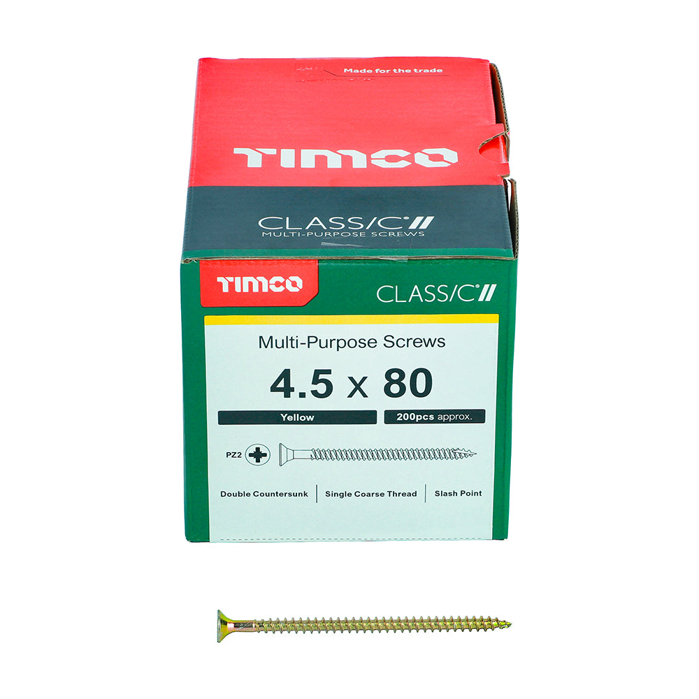 This is an image of Timco - Classic Multi-Purpose Screws - PZ - Double Countersunk - Yellow 4.5 x 80mm - (200 PCS Box) 45080CLAF