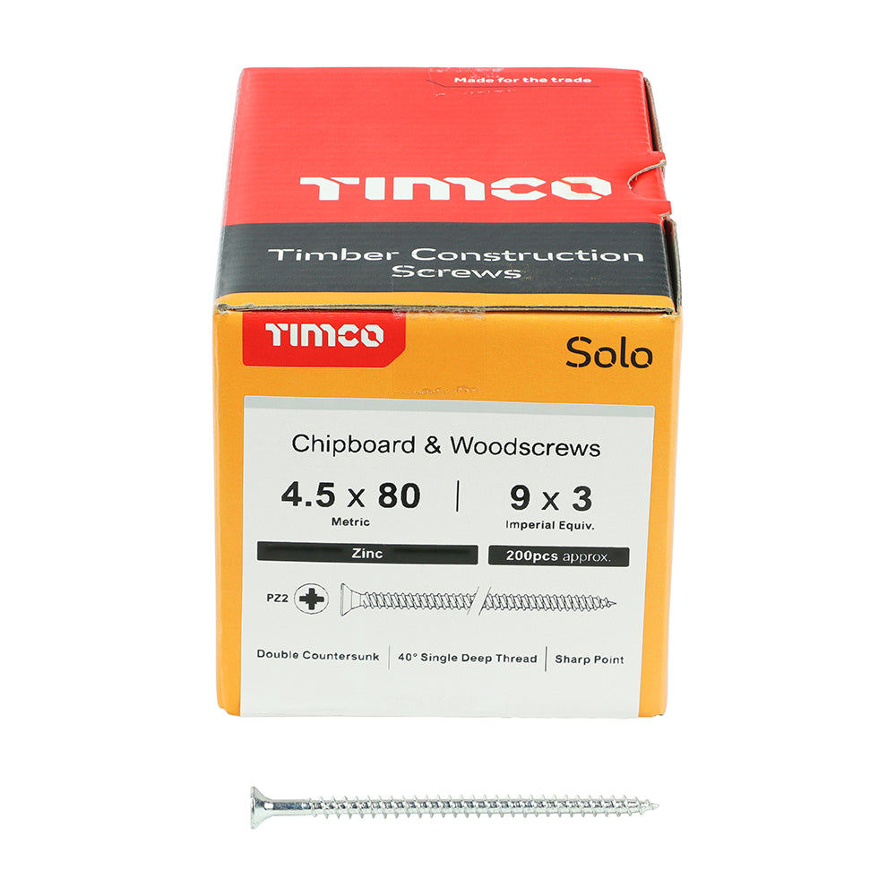 This is an image of Timco - Solo Chipboard & Woodscrews - PZ - Double Countersunk - Zinc 4.5 x 80mm - (200 PCS Box) 45080SOLOZ