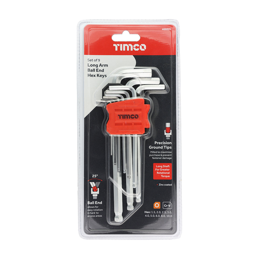 This is an image of Timco - Long Arm Ball End Hex Key Set 9pcs (9 Pieces Blister Pack) 468221