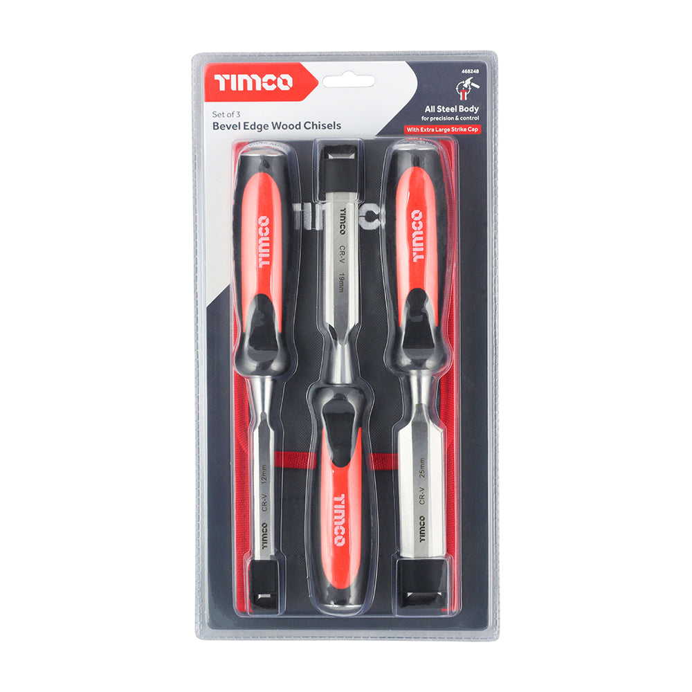 This is an image of Timco - Bevel Edge Wood Chisel Set 3pcs (3 Pieces Blister Pack) 468248
