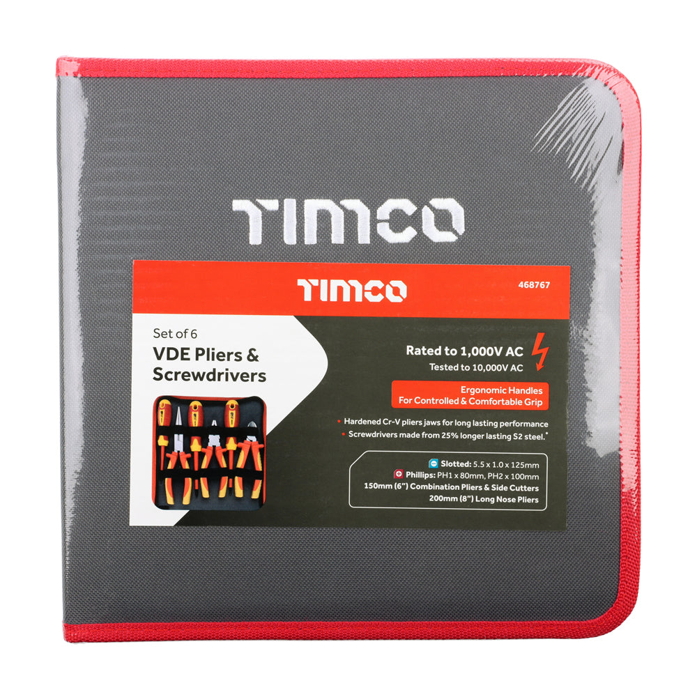 This is an image of Timco - VDE Pliers & Screwdriver Set 6pcs (6 Pieces Fabric Case) 468767