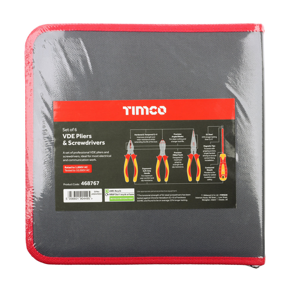 This is an image of Timco - VDE Pliers & Screwdriver Set 6pcs (6 Pieces Fabric Case) 468767