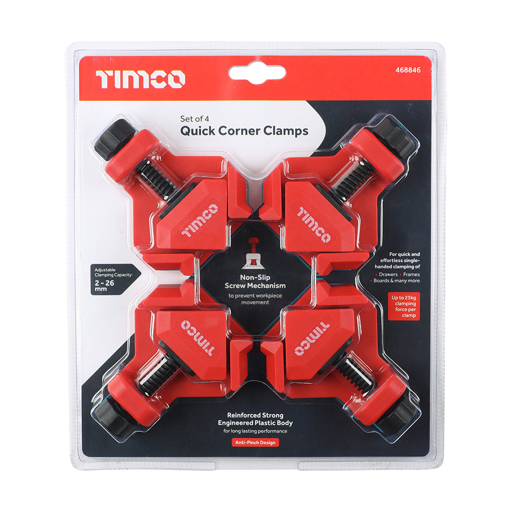This is an image of Timco - Quick Corner Clamp Set 4pcs (4 Pieces Blister Pack) 468846