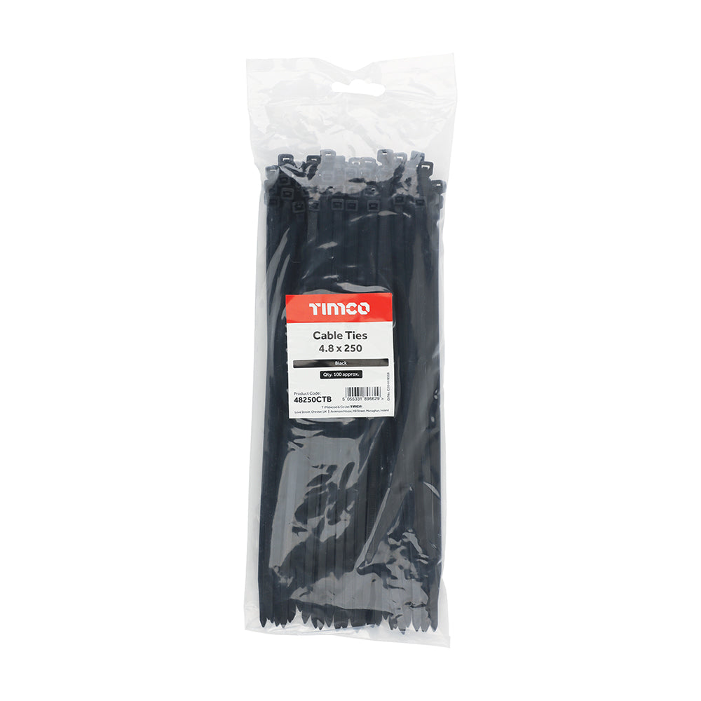 This is an image of Timco - Cable Ties - Black 4.8 x 250mm - (100 PCS Bag) 48250CTB