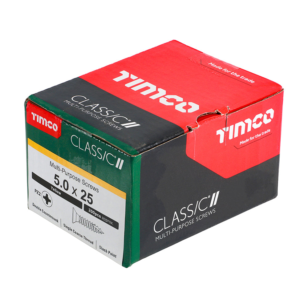 This is an image of Timco - Classic Multi-Purpose Screws - PZ - Double Countersunk - Yellow 5.0 x 25mm - (200 PCS Box) 50025CLAF
