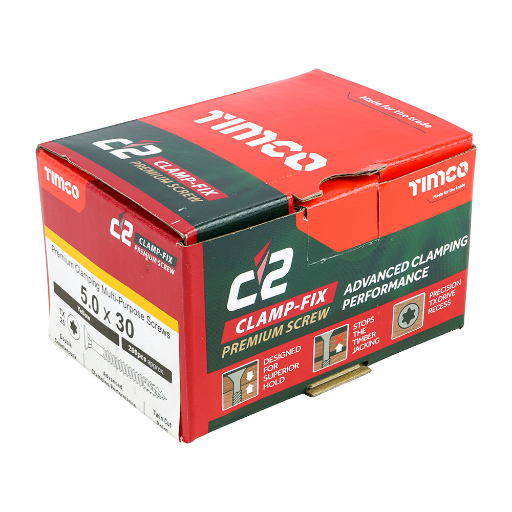 This is an image of Timco - C2 Clamp-Fix Screws - TX - Double Countersunk with Ribs - Twin-Cut - Yellow 5.0 x 30mm - (200 PCS Box) 50030C2C