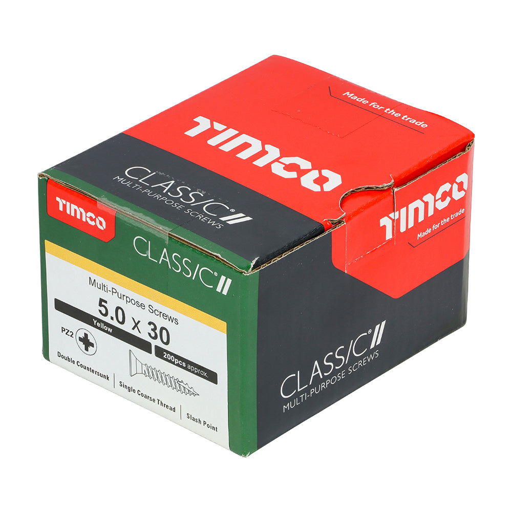 This is an image of Timco - Classic Multi-Purpose Screws - PZ - Double Countersunk - Yellow 5.0 x 30mm - (200 PCS Box) 50030CLAF
