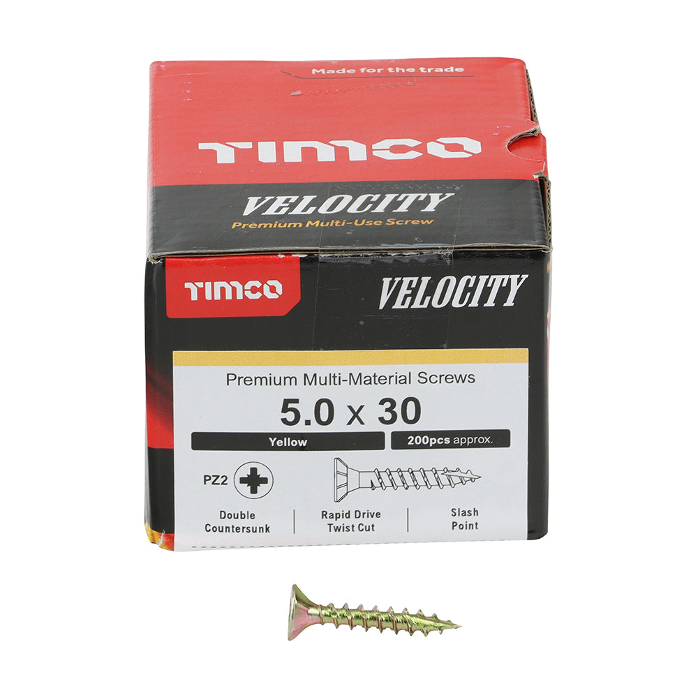 This is an image of Timco - Velocity Premium Multi-Use Screws - PZ - Double Countersunk - Yellow 5.0 x 30mm - (200 PCS Box) 50030VY