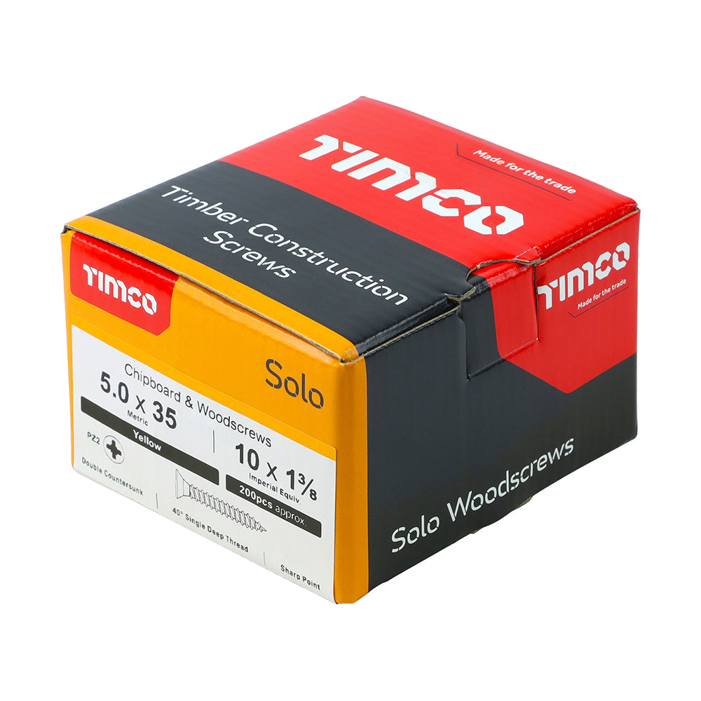 This is an image of Timco - Solo Chipboard & Woodscrews - PZ - Double Countersunk - Yellow 5.0 x 35mm - (200 PCS Box) 50035SOLOC