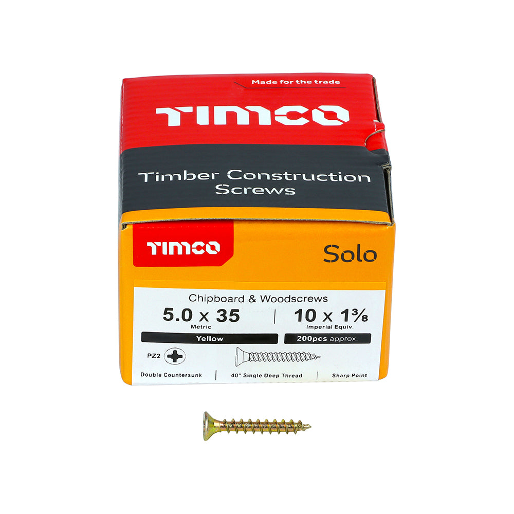 This is an image of Timco - Solo Chipboard & Woodscrews - PZ - Double Countersunk - Yellow 5.0 x 35mm - (200 PCS Box) 50035SOLOC