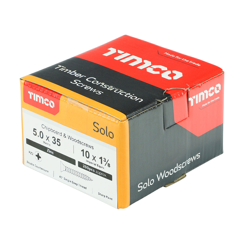 This is an image of Timco - Solo Chipboard & Woodscrews - PZ - Double Countersunk - Zinc 5.0 x 35mm - (200 PCS Box) 50035SOLOZ