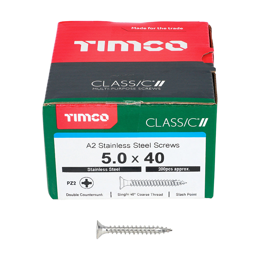 This is an image of Timco - Classic Multi-Purpose Screws - PZ - Double Countersunk - A2 Stainless Steel 5.0 x 40mm - (200 PCS Box) 50040CLASS