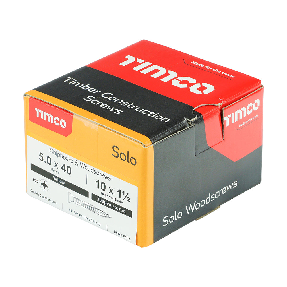 This is an image of Timco - Solo Chipboard & Woodscrews - PZ - Double Countersunk - Yellow 5.0 x 40mm - (200 PCS Box) 50040SOLOC