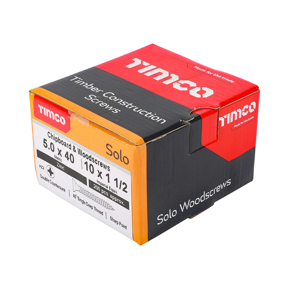 This is an image of Timco - Solo Chipboard & Woodscrews - PZ - Double Countersunk - Zinc 5.0 x 40mm - (200 PCS Box) 50040SOLOZ
