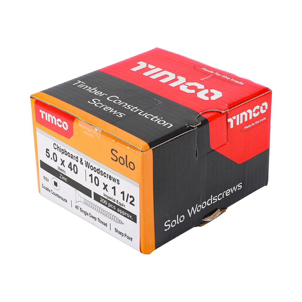 This is an image of Timco - Solo Chipboard & Woodscrews - SQ - Double Countersunk - Zinc 5.0 x 40mm - (200 PCS Box) 50040SQSZ