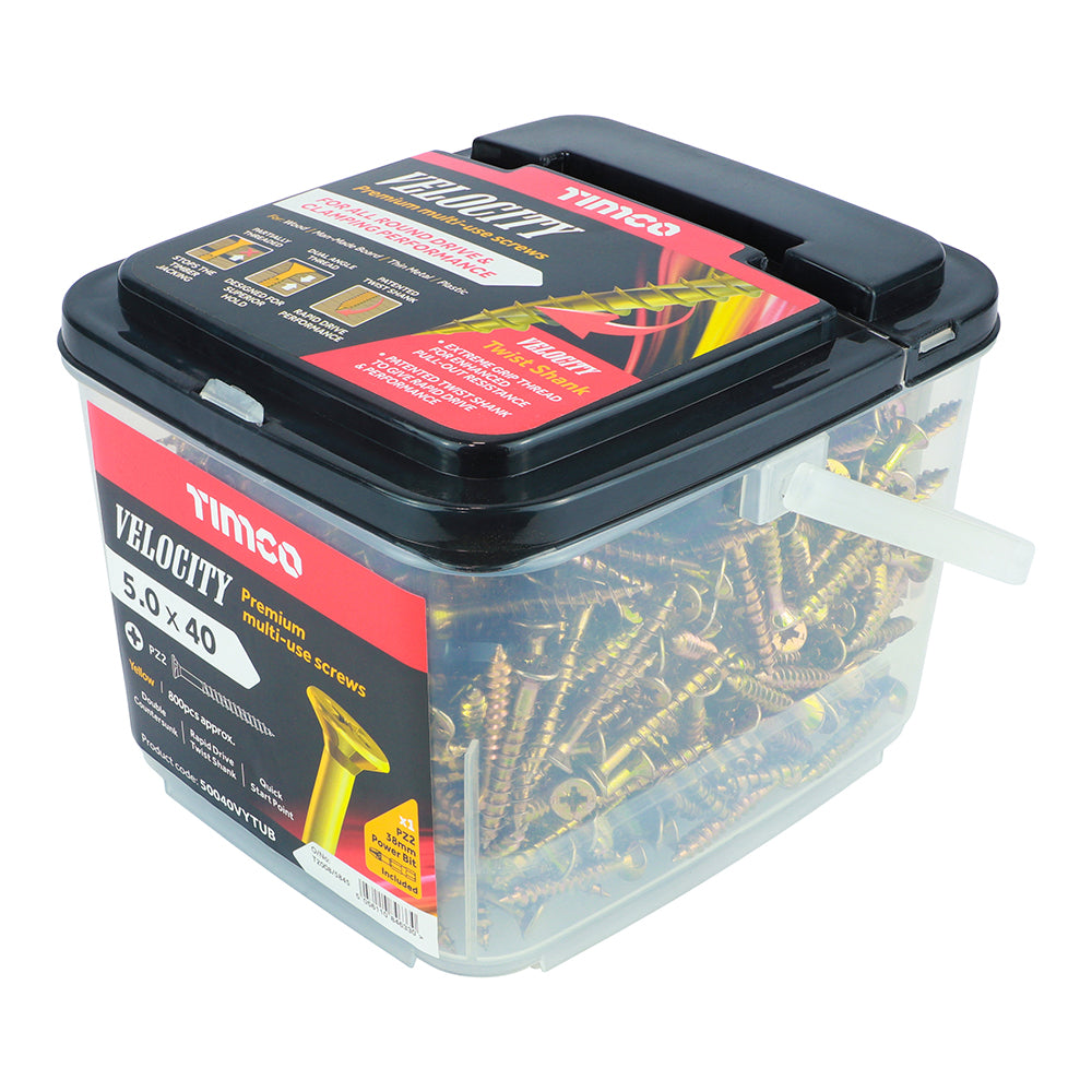 This is an image of Timco - Velocity Premium Multi-Use Screws - PZ - Double Countersunk - Yellow 5.0 x 40mm - (800 PCS Tub) 50040VYTUB