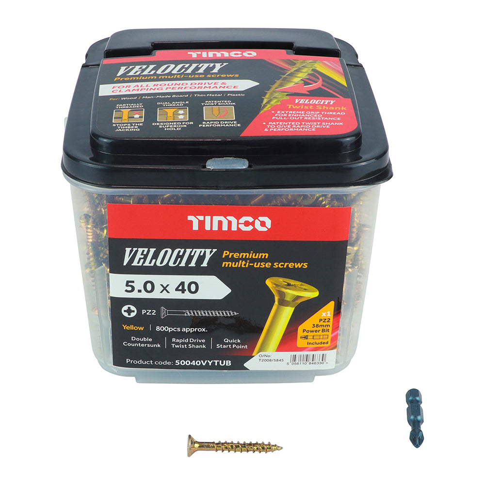 This is an image of Timco - Velocity Premium Multi-Use Screws - PZ - Double Countersunk - Yellow 5.0 x 40mm - (800 PCS Tub) 50040VYTUB