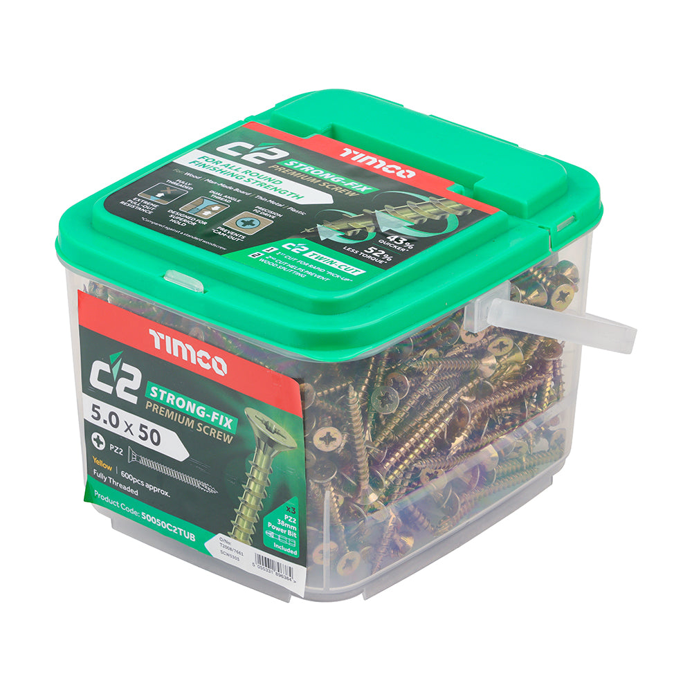 This is an image of Timco - C2 Strong-Fix Screws - PZ - Double Countersunk - Twin-Cut - Yellow 5.0 x 50mm - (600 PCS Tub) 50050C2TUB