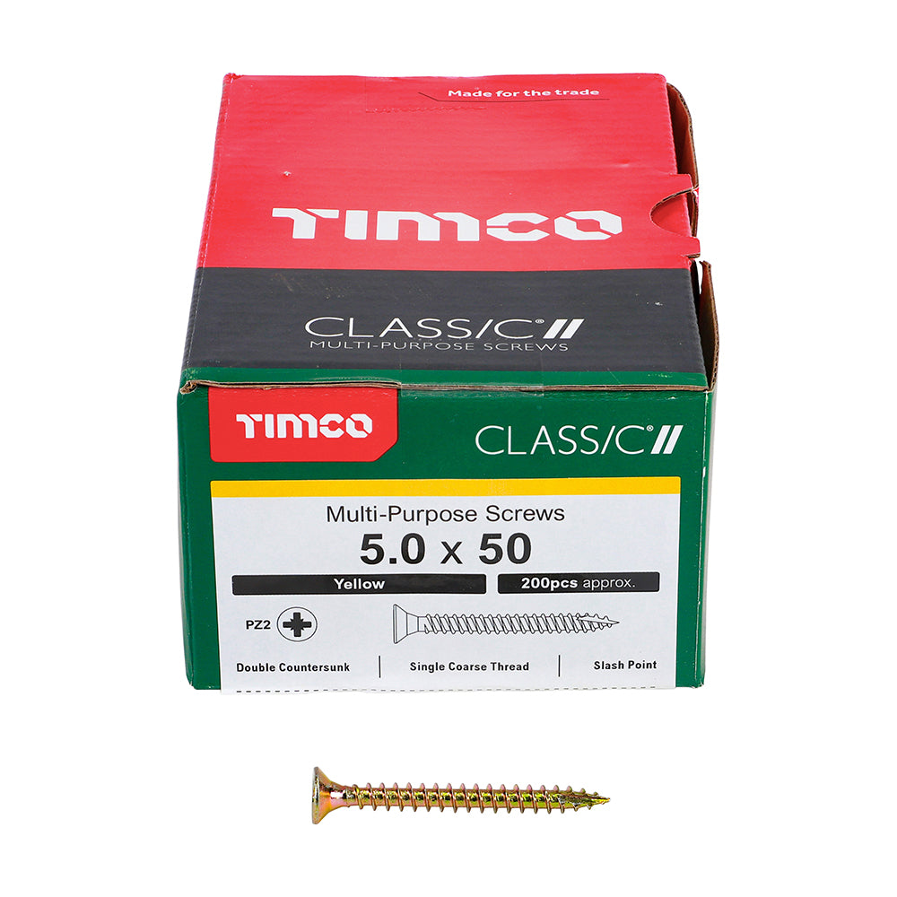 This is an image of Timco - Classic Multi-Purpose Screws - PZ - Double Countersunk - Yellow 5.0 x 50mm - (200 PCS Box) 50050CLAF