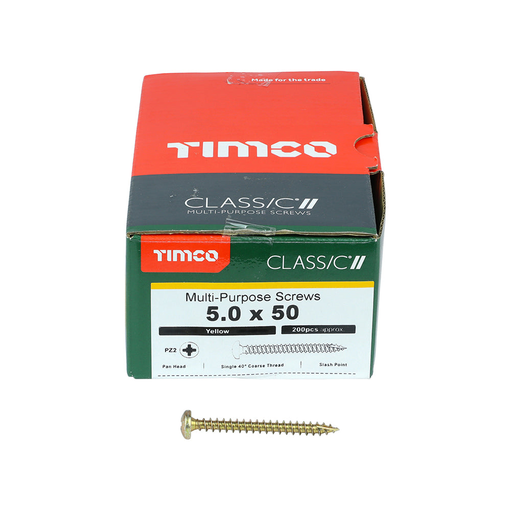 This is an image of Timco - Classic Multi-Purpose Screws - PZ - Pan Head - Yellow 5.0 x 50mm - (200 PCS Box) 50050CLAP