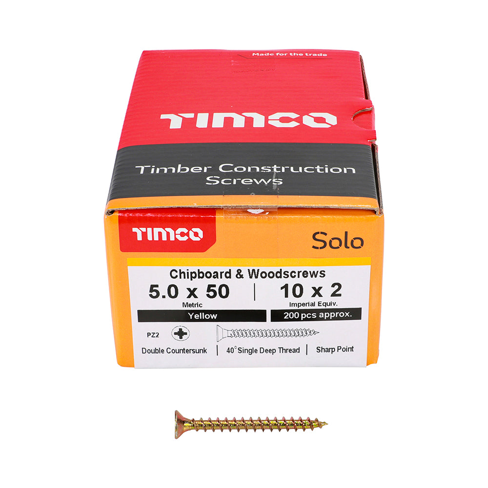This is an image of Timco - Solo Chipboard & Woodscrews - PZ - Double Countersunk - Yellow 5.0 x 50mm - (200 PCS Box) 50050SOLOC