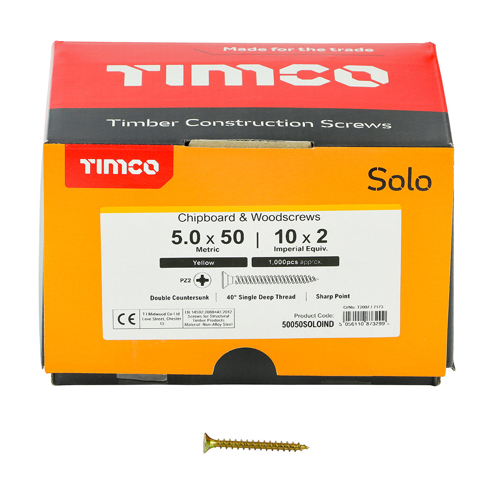 This is an image of Timco - Solo Chipboard & Woodscrews - Industry Pack - PZ - Double Countersunk - Yellow 5.0 x 50mm - (1000 PCS Box) 50050SOLOIND