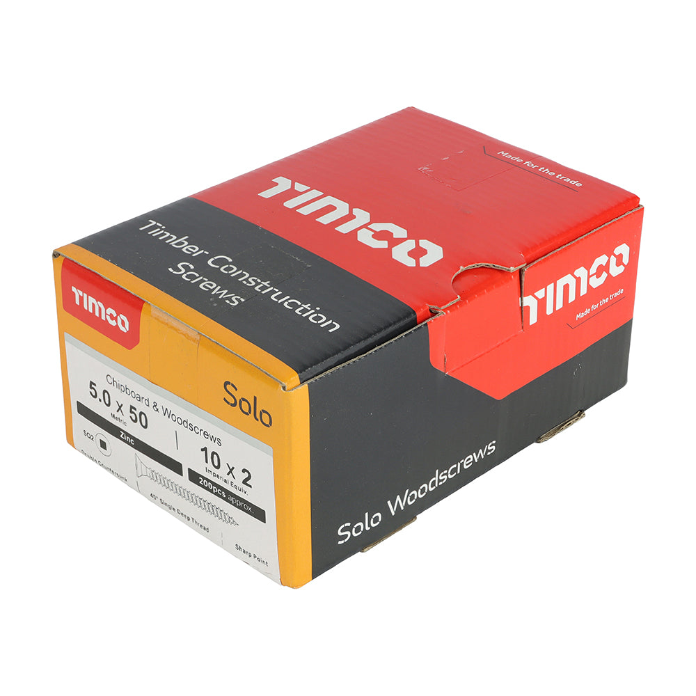 This is an image of Timco - Solo Chipboard & Woodscrews - SQ - Double Countersunk - Zinc 5.0 x 50mm - (200 PCS Box) 50050SQSZ