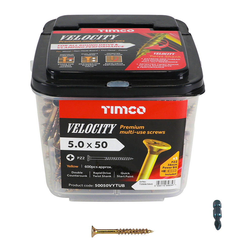 This is an image of Timco - Velocity Premium Multi-Use Screws - PZ - Double Countersunk - Yellow 5.0 x 50mm - (600 PCS Tub) 50050VYTUB