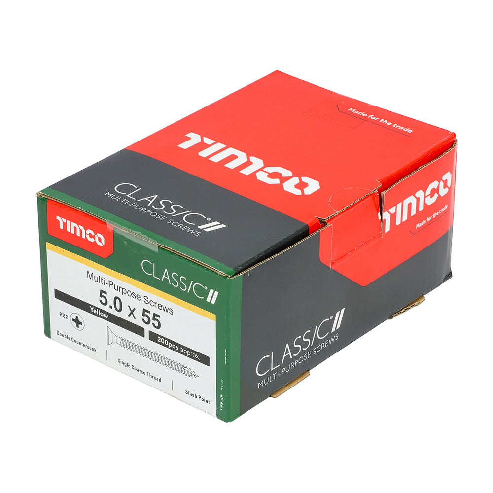 This is an image of Timco - Classic Multi-Purpose Screws - PZ - Double Countersunk - Yellow 5.0 x 55mm - (200 PCS Box) 50055CLAF