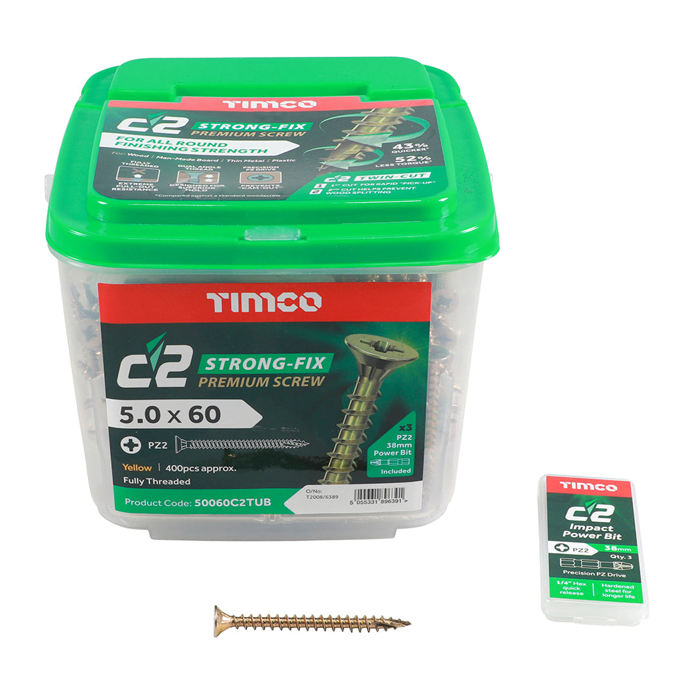 This is an image of Timco - C2 Strong-Fix Screws - PZ - Double Countersunk - Twin-Cut - Yellow 5.0 x 60mm - (400 PCS Tub) 50060C2TUB