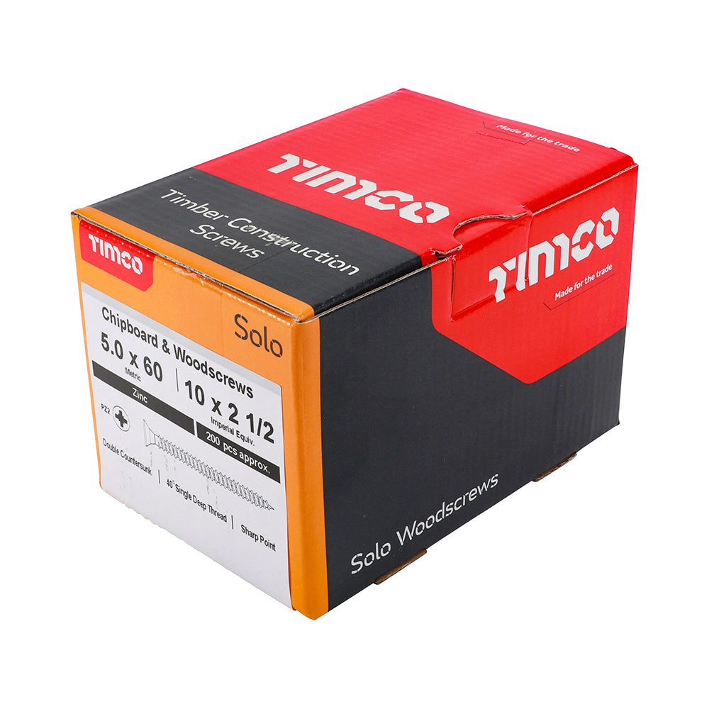 This is an image of Timco - Solo Chipboard & Woodscrews - PZ - Double Countersunk - Zinc 5.0 x 60mm - (200 PCS Box) 50060SOLOZ