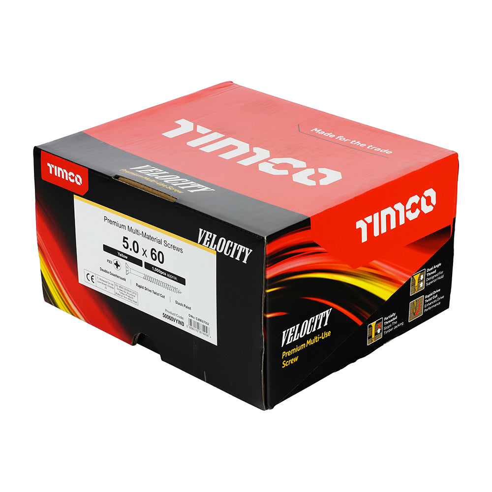 This is an image of Timco - Velocity Premium Multi-Use Screws - PZ - Double Countersunk - Yellow 5.0 x 60mm - (1000 PCS Box) 50060VYIND