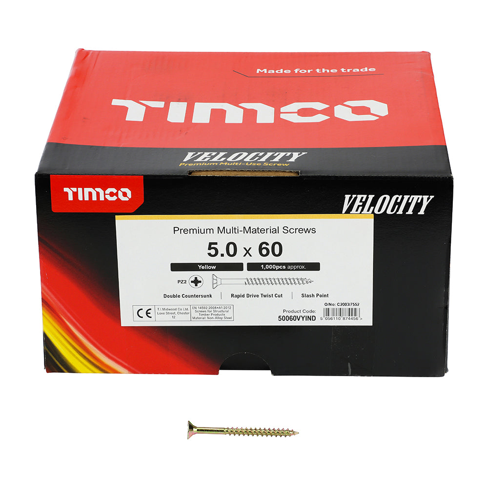 This is an image of Timco - Velocity Premium Multi-Use Screws - PZ - Double Countersunk - Yellow 5.0 x 60mm - (1000 PCS Box) 50060VYIND