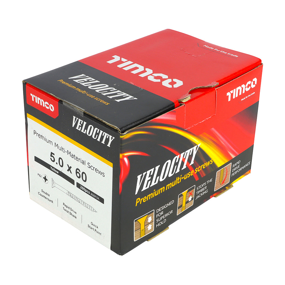 This is an image of Timco - Velocity Premium Multi-Use Screws - PZ - Double Countersunk - Yellow 5.0 x 60mm - (200 PCS Box) 50060VY
