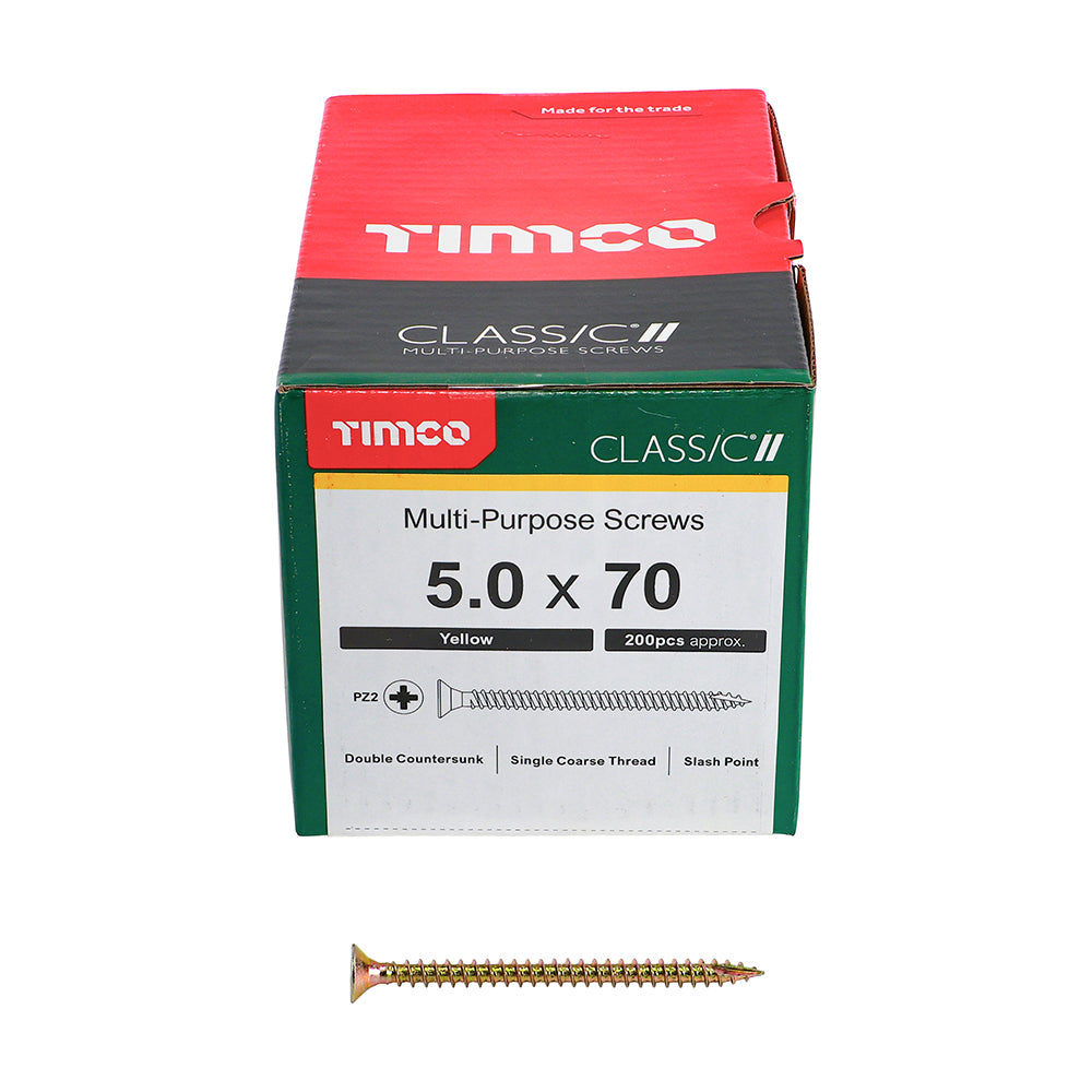 This is an image of Timco - Classic Multi-Purpose Screws - PZ - Double Countersunk - Yellow 5.0 x 70mm - (200 PCS Box) 50070CLAF