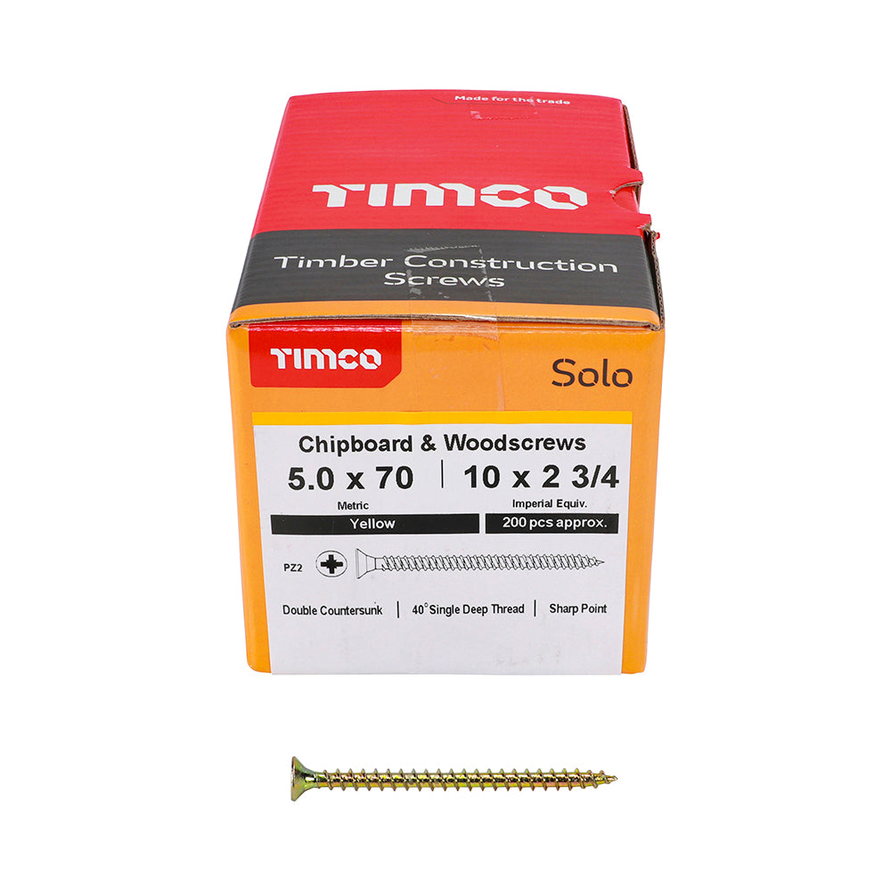 This is an image of Timco - Solo Chipboard & Woodscrews - PZ - Double Countersunk - Yellow 5.0 x 70mm - (200 PCS Box) 50070SOLOC